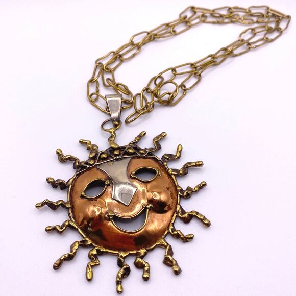 Vintage Artisan Mixed Metal Sun Pendant Necklace – 24” Handmade Smiling Design - Picture 3 of 5